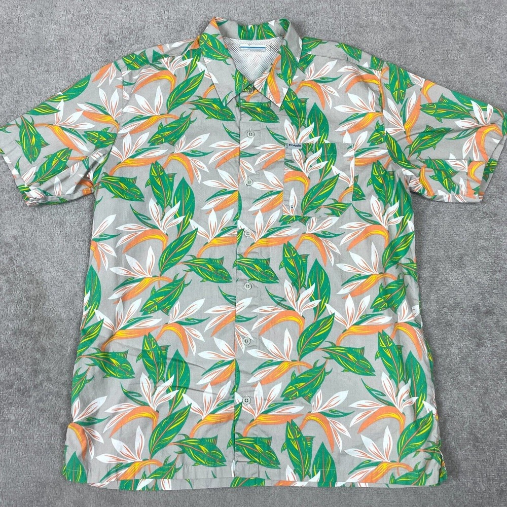 Columbia PFG Shirt Mens Large Green Short Sleeve AOP Fish Floral Vented